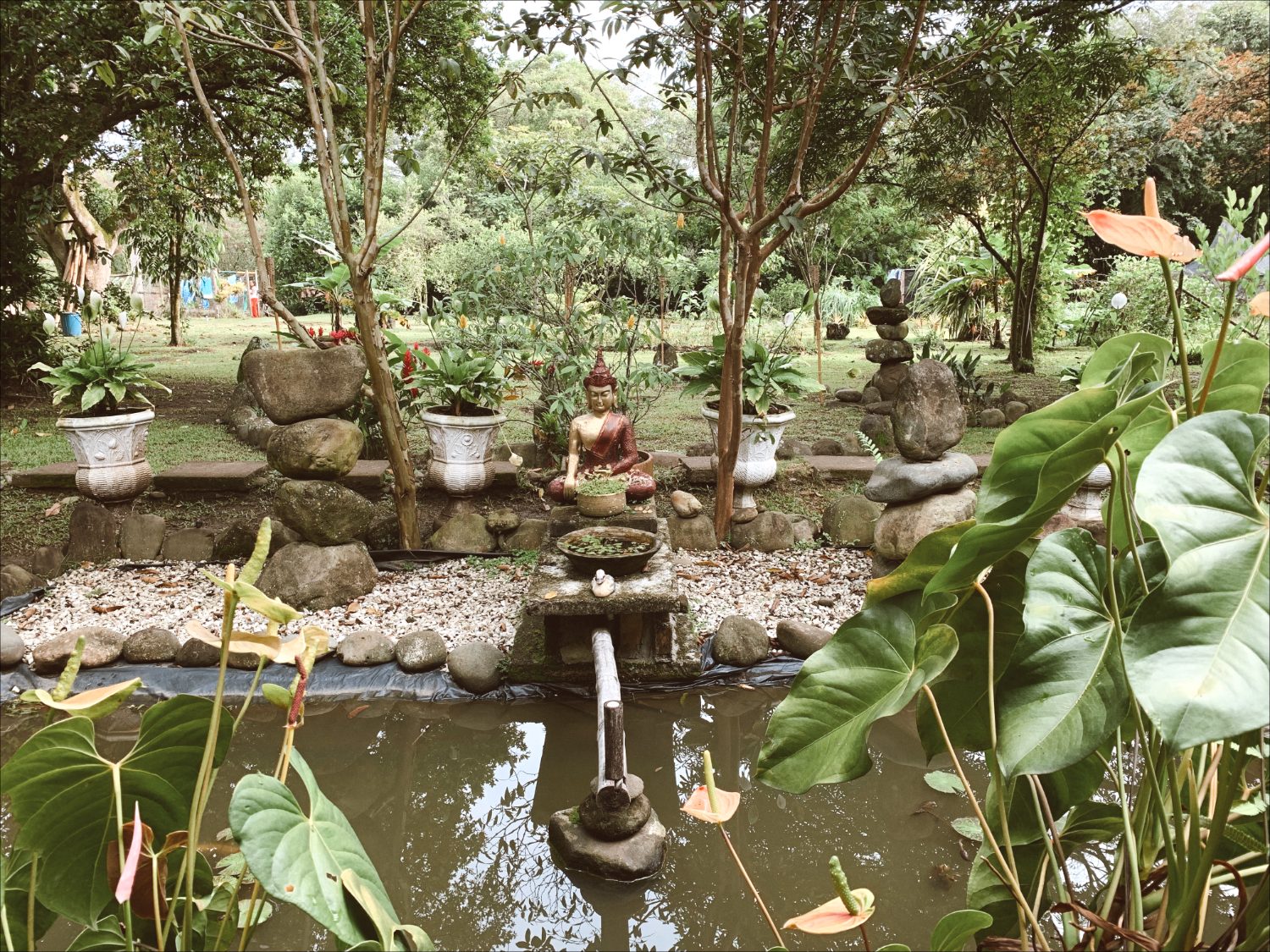 Ishka Center · estanque y Buda del jardín